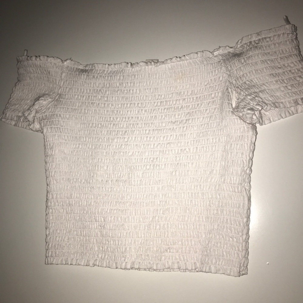 Garage White ribbed off the shoulder top